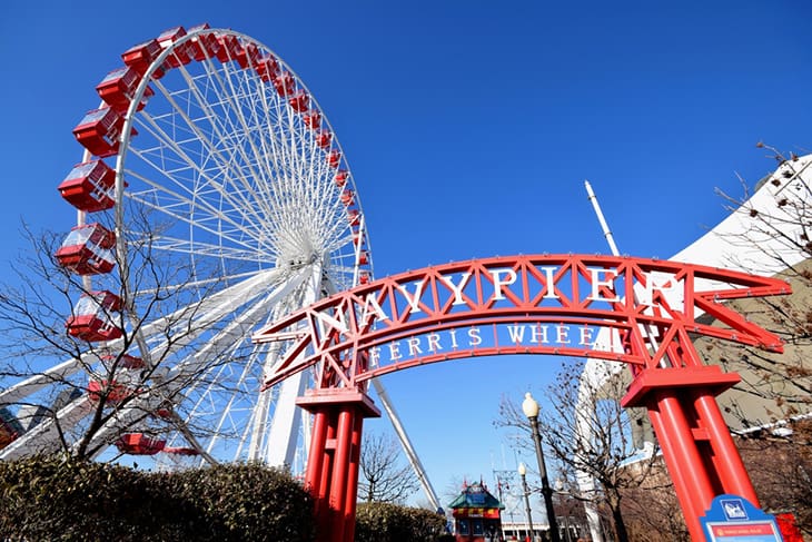 A view of Navy Pier and the ferris wheel in Chicago.