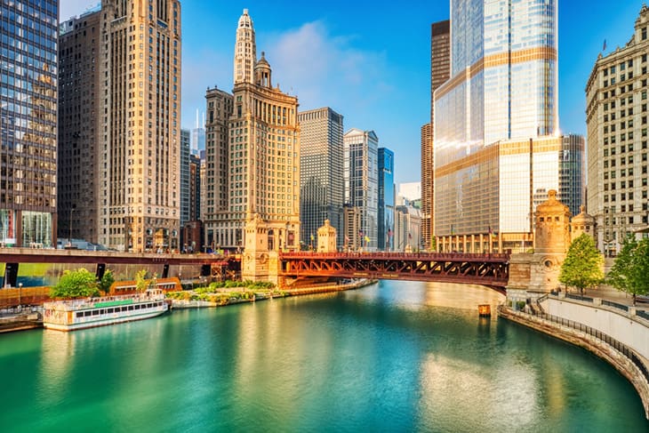 A view of the Chicago skyline and a river.