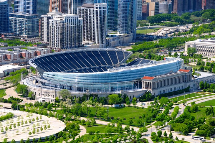 An aerial view of Soldier Field in Chicago.