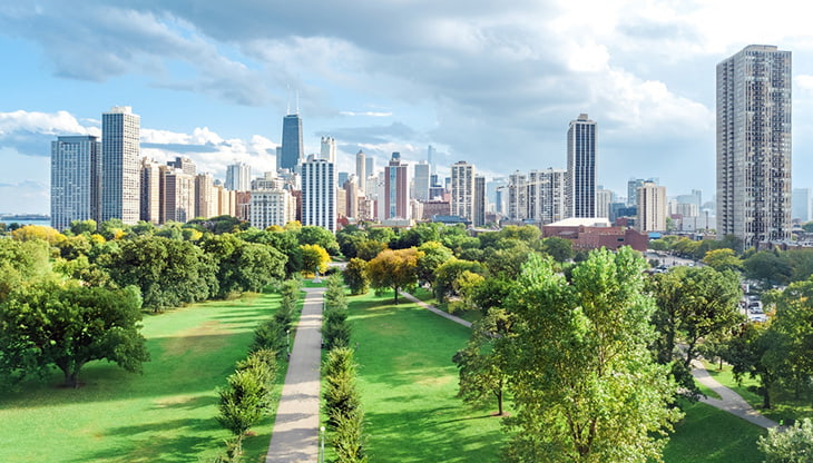 A view of the Chicago skyline and a bright greenspace during daytime.