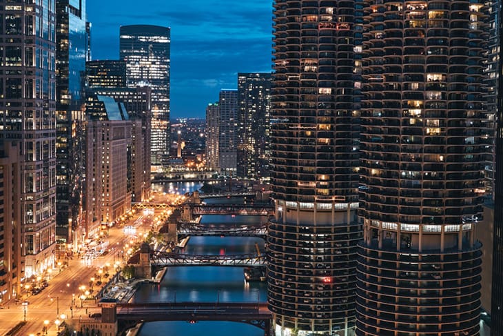 A view of the Chicago skyline at night.