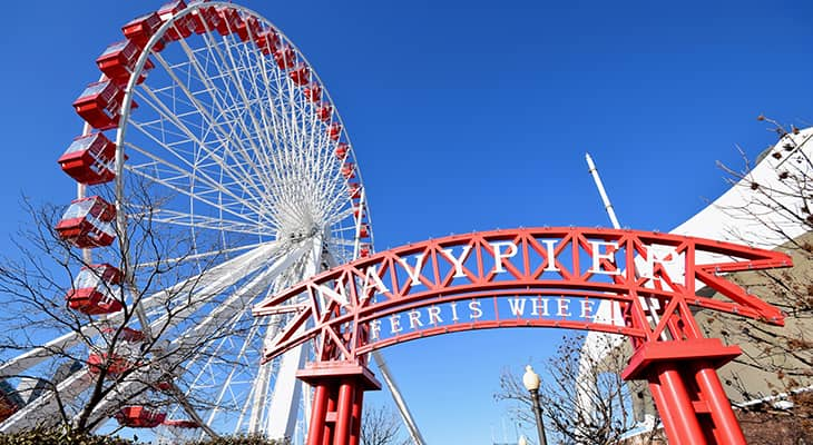 Entrance sign to the Navy Pier Ferris Wheel in Chicago